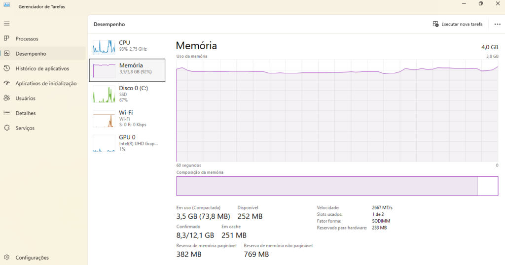 como identificar memória RAM do notebook gerenciador de tarefas