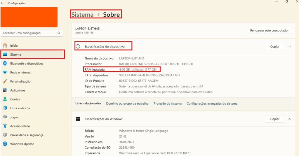 como identificar memória RAM do notebook windows 11