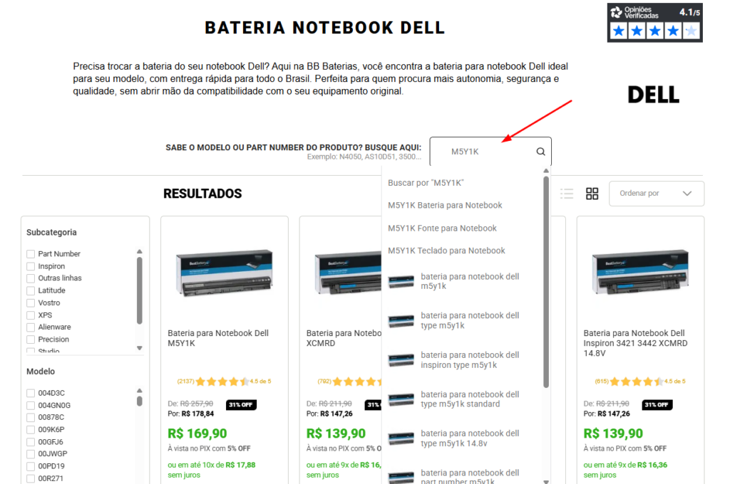 part number baterial dell